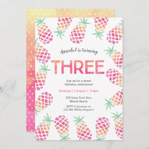Pink pineapple tropical 3rd  birthday Invitation