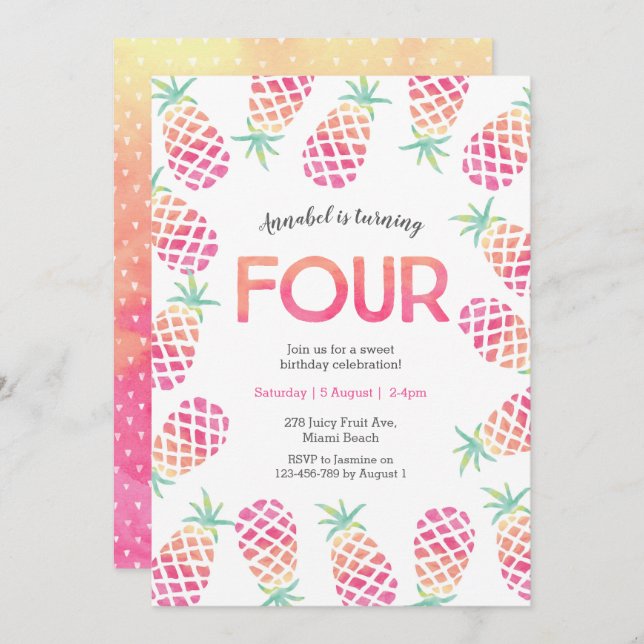 Pink pineapple tropical 4th birthday Invitation (Front/Back)