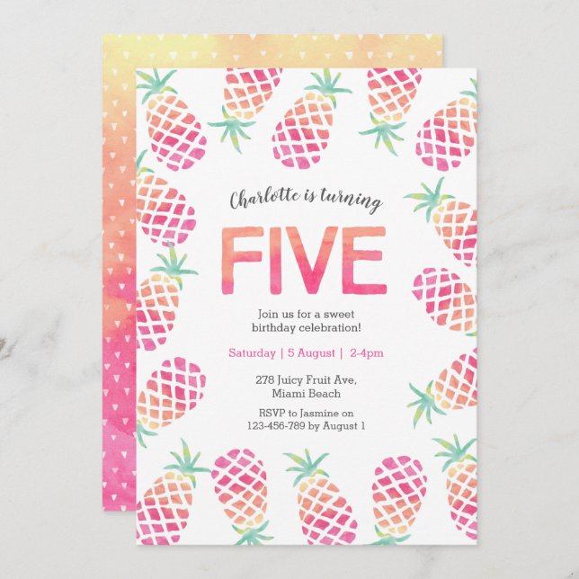 Pink pineapple tropical 5th birthday Invitation (Front/Back)