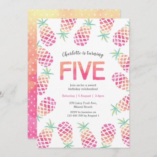 Pink pineapple tropical 5th birthday Invitation