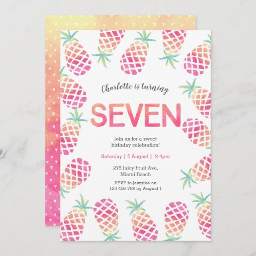 Pink pineapple tropical 7th birthday Invitation