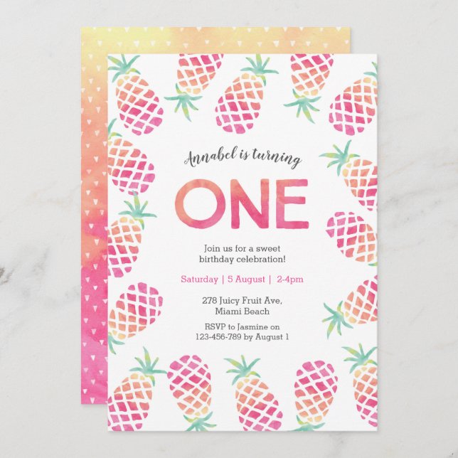 Pink pineapple tropical first birthday Invitation (Front/Back)