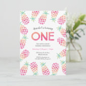 Pink pineapple tropical first birthday Invitation (Standing Front)