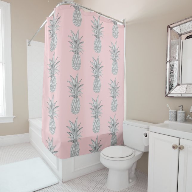 Pink Pineapple Tropical Pattern Floor Mat Shower Curtain (In Situ)