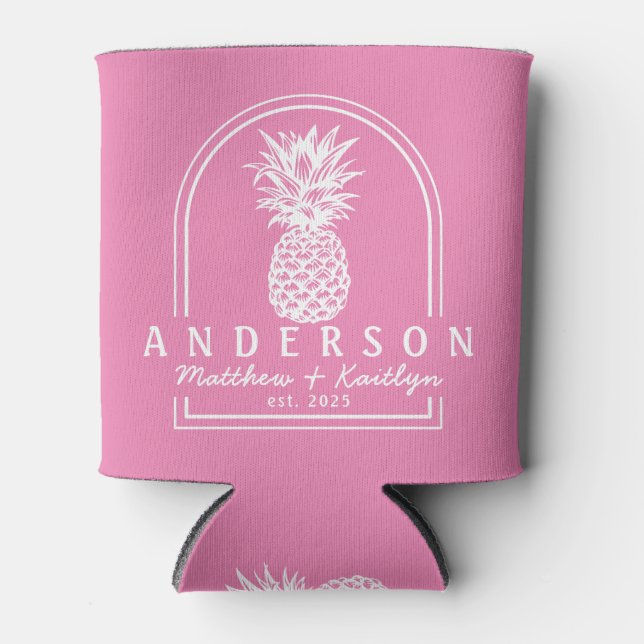 Pink Pineapple Wedding Arch & Name Can Cooler (Front)
