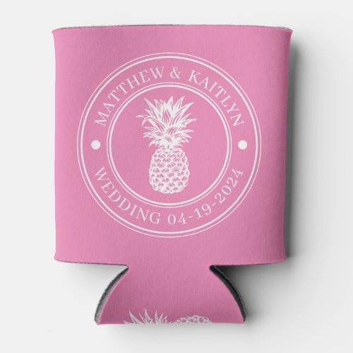 Pink Pineapple Wedding Crest & Name Can Cooler