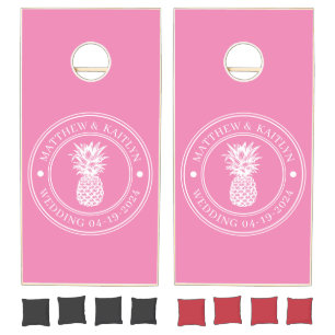 Pink Pineapple Wedding Crest & Name Cornhole Set