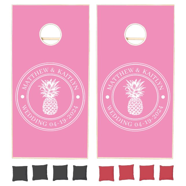 Pink Pineapple Wedding Crest & Name Cornhole Set (Set)