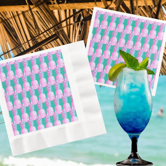 Pink Pineapples Caribbean Blue   Napkins (Festive pink pineapple paper napkins!)