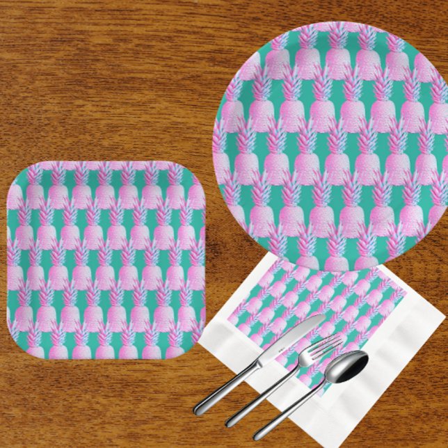 Pink Pineapples Caribbean Blue   Paper Plates (Festive pink pineapples!)