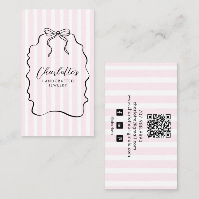 Pink Pinstripe Ribbon Doodle Jewelry Designer Business Card (Front/Back)