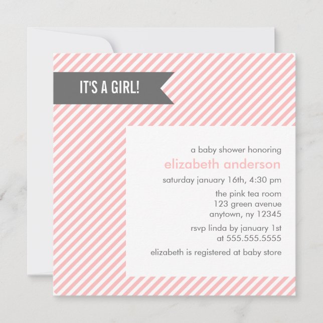 Pink Pinstripes Girl Baby Shower Invitation (Front)