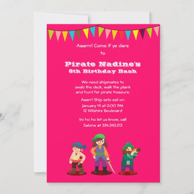 Pink Pirate Birthday Party Custom Invitation (Front)