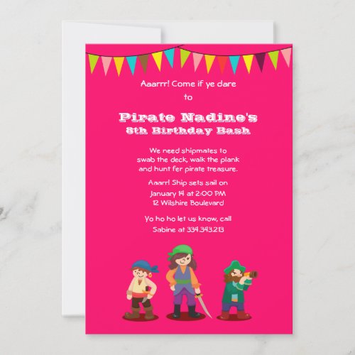 Pink Pirate Birthday Party Custom Invitation