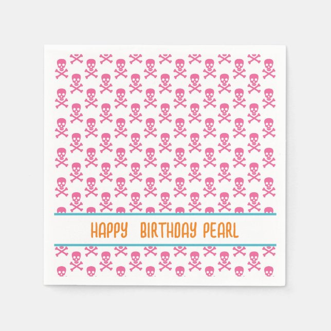 Pink Pirate Crossbones Modern Happy Birthday NAME  Napkins (Front)