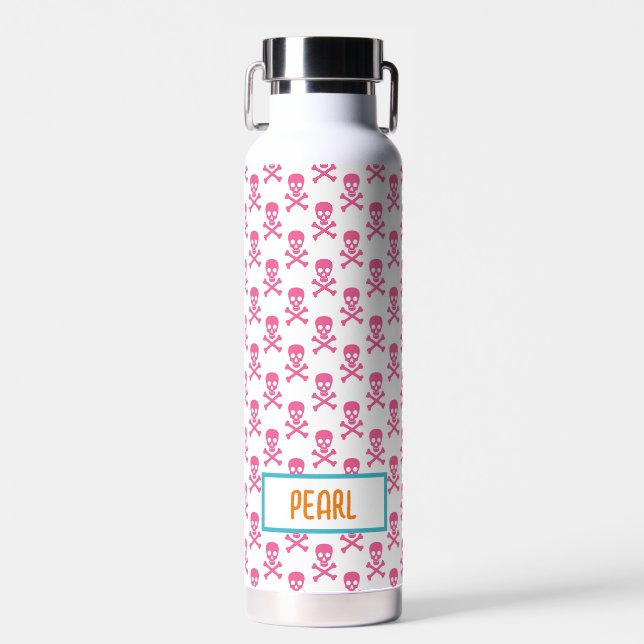 Pink Pirate Crossbones NAME Birthday Kids Fun Water Bottle (Front)