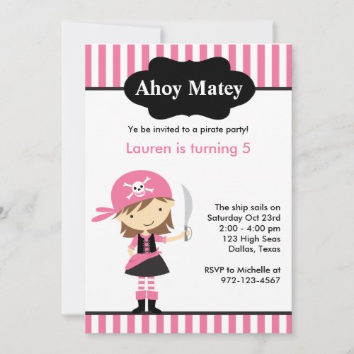 Pink Pirate Girl Birthday Invitations