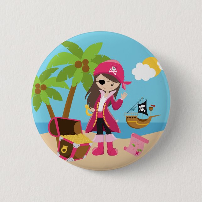 Pink Pirate Girl Birthday Party Button (Front)