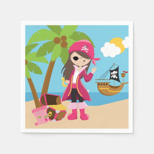 Pink Pirate Girl Birthday Party Paper Napkins (Front)