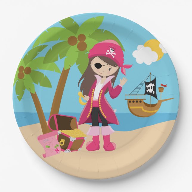 Pink Pirate Girl Birthday Party Paper Plates (Front)