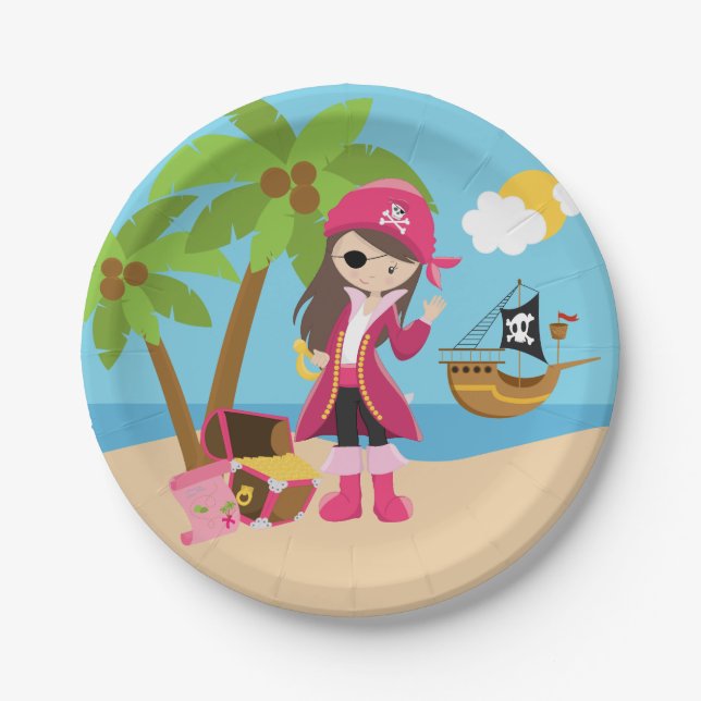 Pink Pirate Girl Birthday Party Paper Plates (Front)
