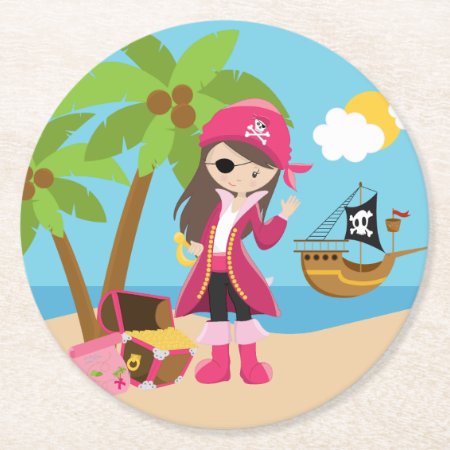 Pink Pirate Girl Birthday Party Round Paper Coaster