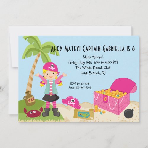 Pink Pirate Girl on an Island Birthday Invitation