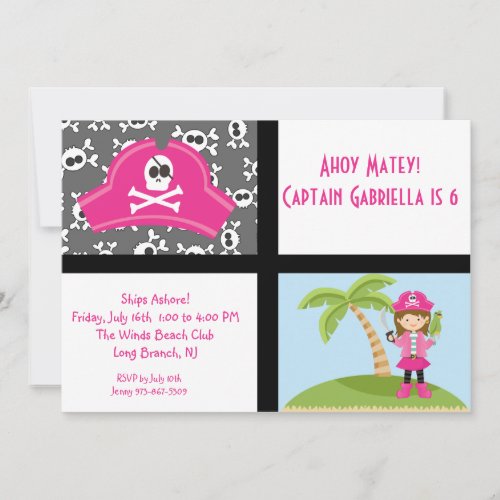 Pink Pirate Girl Squares Birthday Invitation