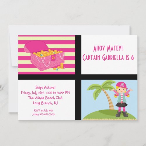 Pink Pirate Girl Squares Birthday Invitation