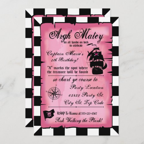 Pink Pirate Princess Birthday 5x7 Invitation