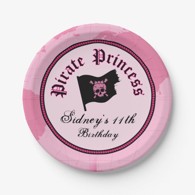 Pink Pirate Princess Party Paper Plates (Front)