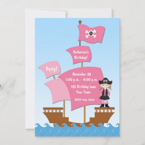 Pink Pirate Ship Birthday Invitation
