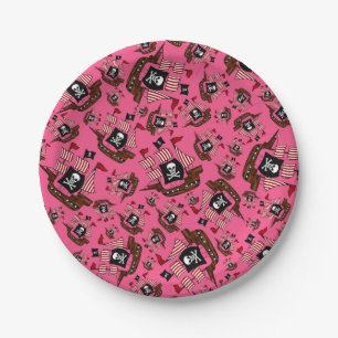 Pink pirate ship pattern paper plates