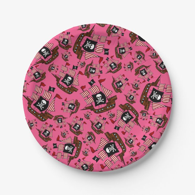 Pink pirate ship pattern paper plates (Front)