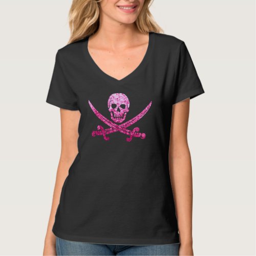 Pink Pirate Skull and Crossbones Sequins Textured T_Shirt