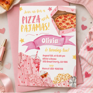 Pink Pizza and Pajamas Girls Sleepover Birthday Invitation