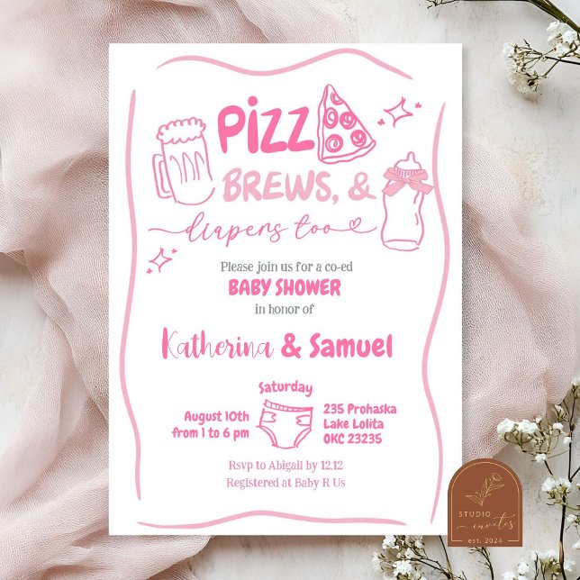Pink Pizza, Brews and Diapers Co-Ed Baby Shower Invitation (Creator Uploaded)