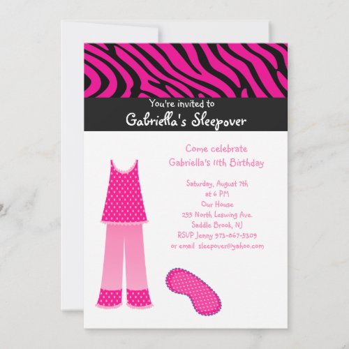Pink PJ's  /Zebra Sleepover Birthday Invitation