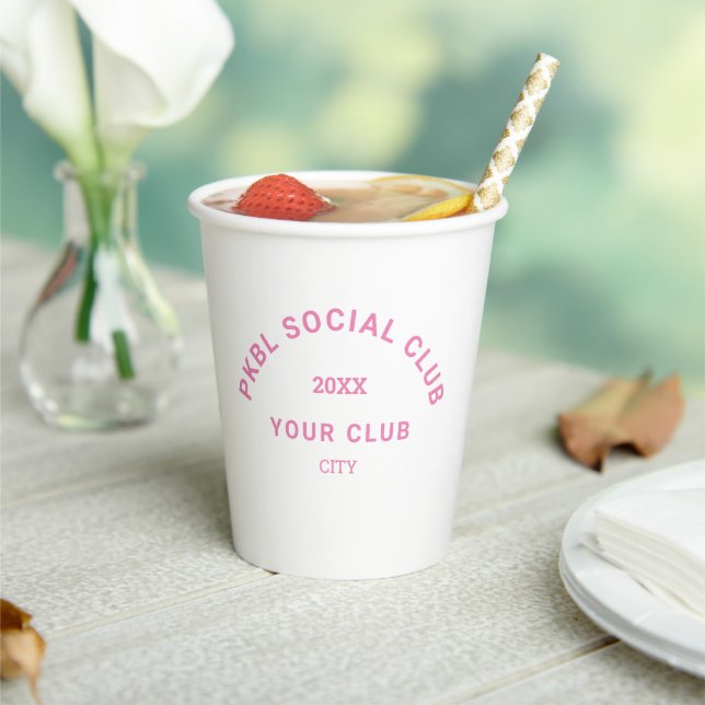 Pink PKBL Social Club Crest Pickleball Paper Cups (Insitu)