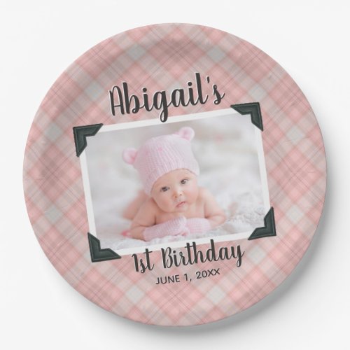Pink Plaid 1st Birthday Photo With Name  Date Paper Plates