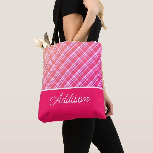 Pink Plaid And Stripes Tote Bag (Close Up)