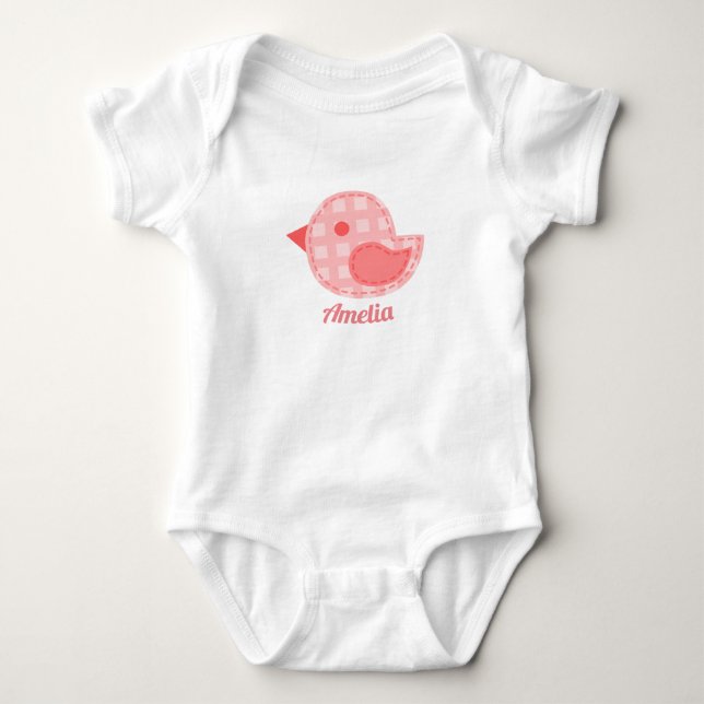 Pink Plaid Baby Bird Personalised Baby Bodysuit (Front)