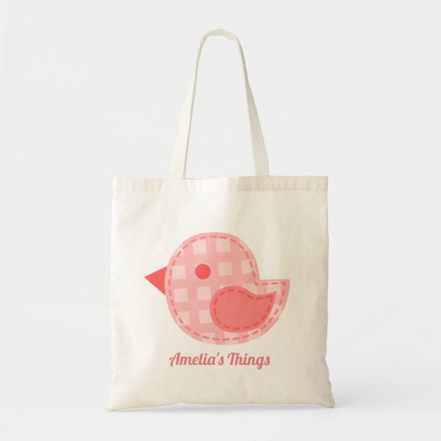 Pink Plaid Baby Bird Personalised Tote Bag (Front)