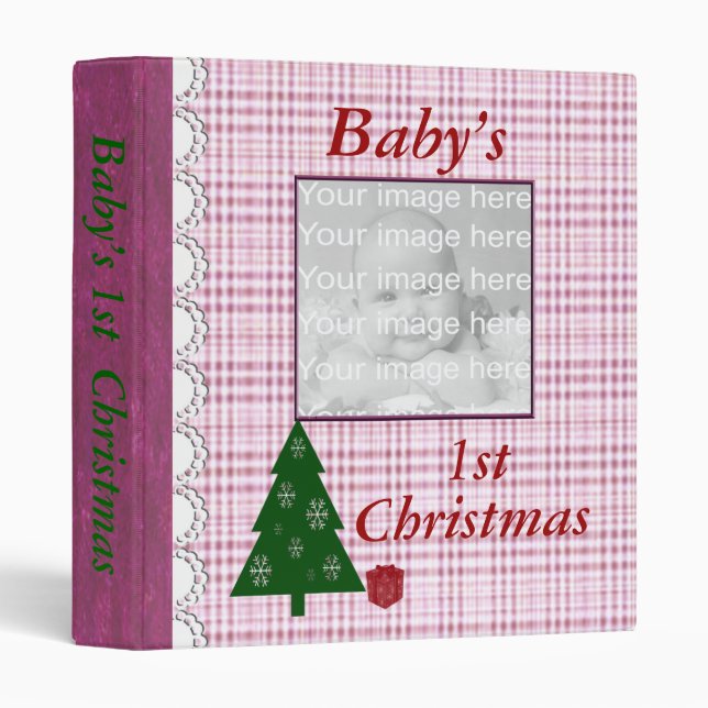 Pink Plaid Baby’s First Christmas Photo Album 3 Ring Binder (Front/Spine)