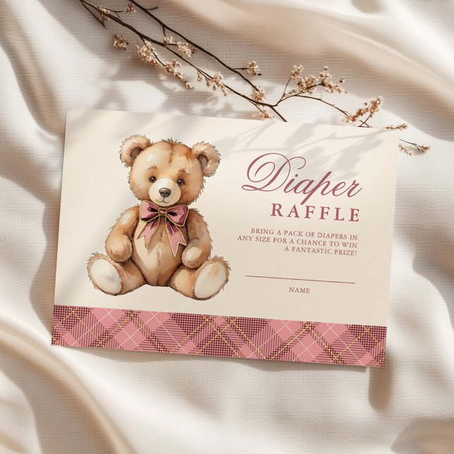Pink Plaid Bear Baby Shower Diaper Raffle Enclosure Card (Creator Uploaded)