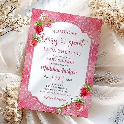 Pink Plaid Berry Sweet Girl Strawberry Baby Shower Invitation