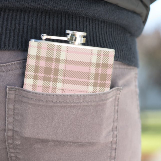 Pink Plaid Brown Plaid Watercolor Bridesmaid Gift Flask (In Situ)