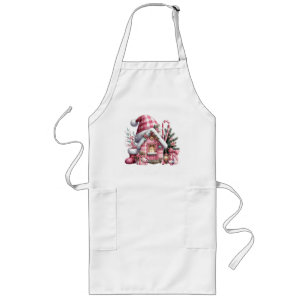 Pink Plaid Christmas House Long Apron