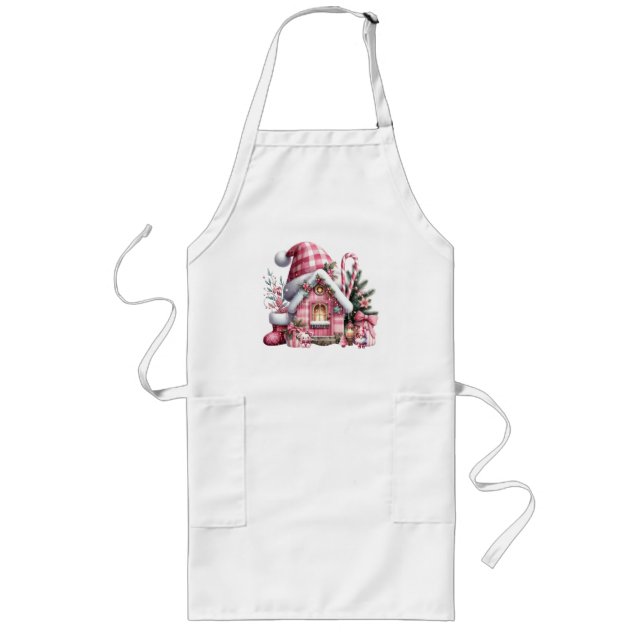 Pink Plaid Christmas House Long Apron (Front)