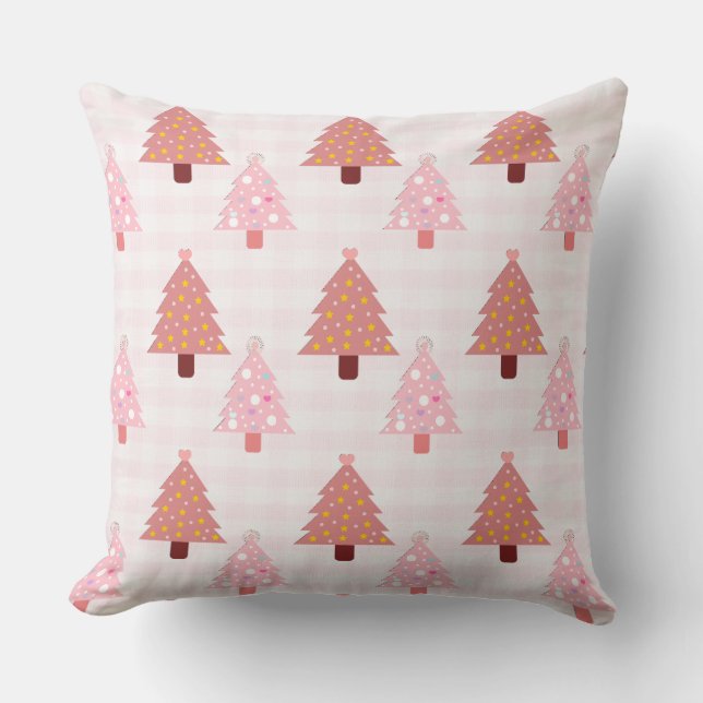 Pink Plaid Christmas Tree Throw Pillow (Front)